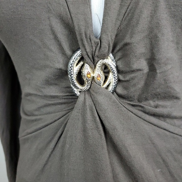 Vertigo Paris Deep V-Neck Brown Top with Snake Brooch - Size Large - Picture 2 of 6